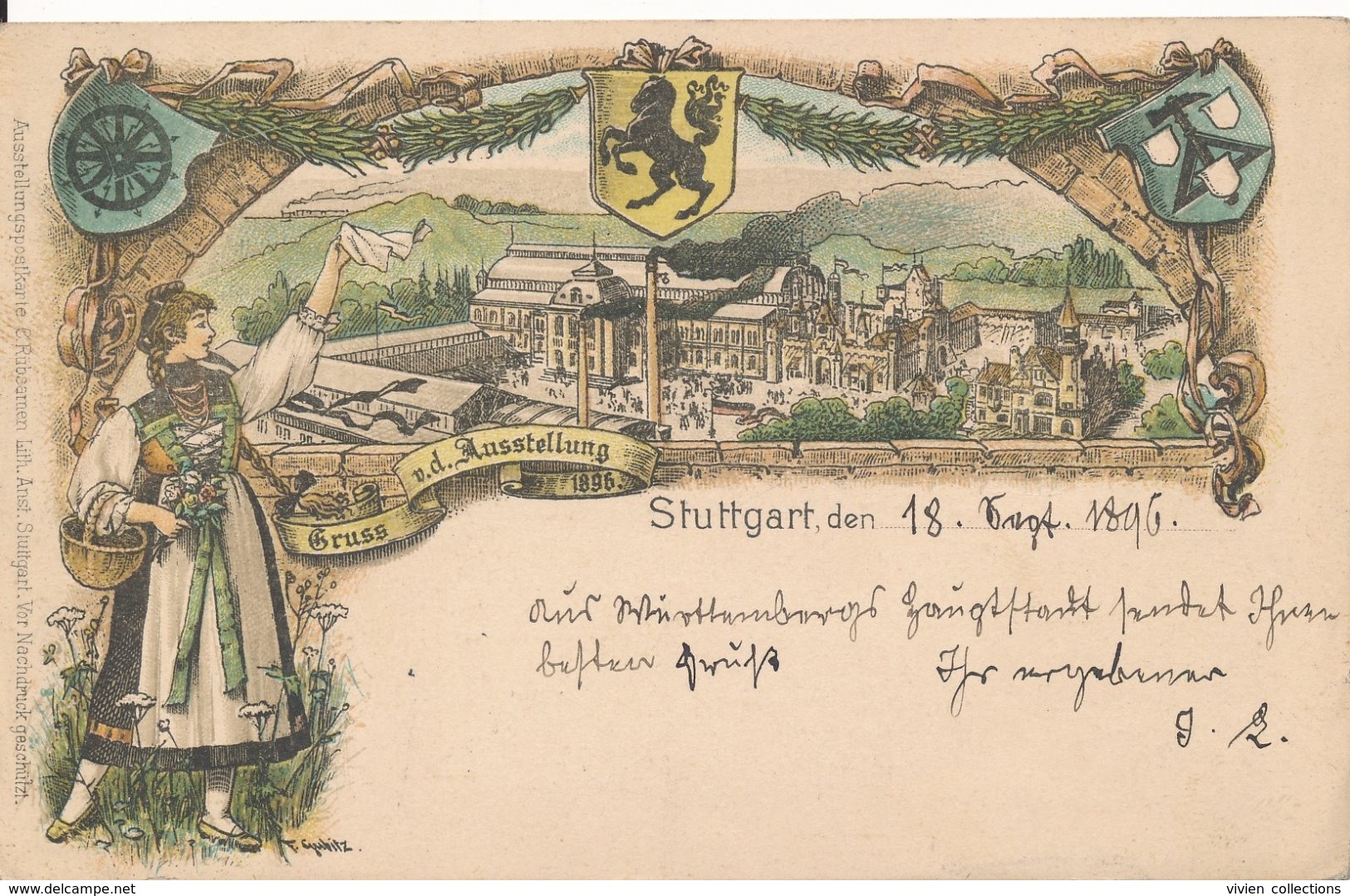 Entier Postal 1896 Gruss Ausstellung Stuttgart Allemagne Circulée 18 Septembre 1896 Pour La France Sarreguemines - Autres & Non Classés