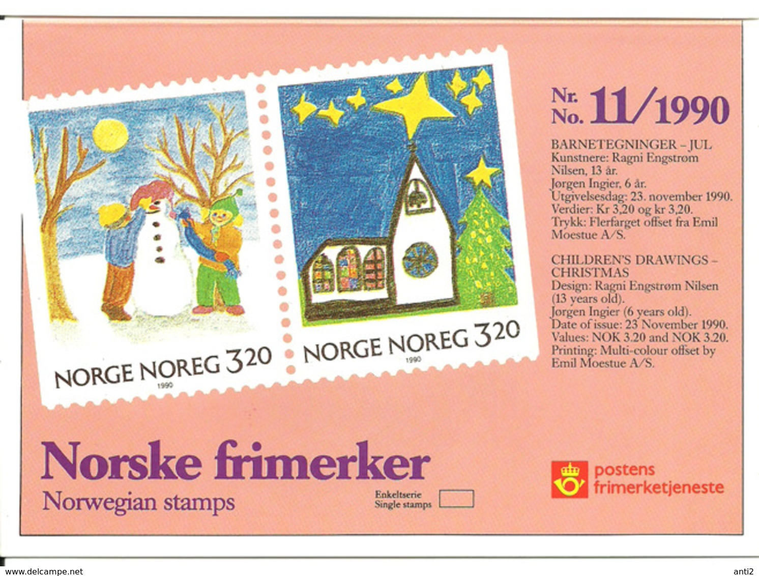 Norway Norge 1990 Christmas, Drawing Of Snow Man And Church  Mi 1057-1058 Pair MNH(**) In Folder - Neufs