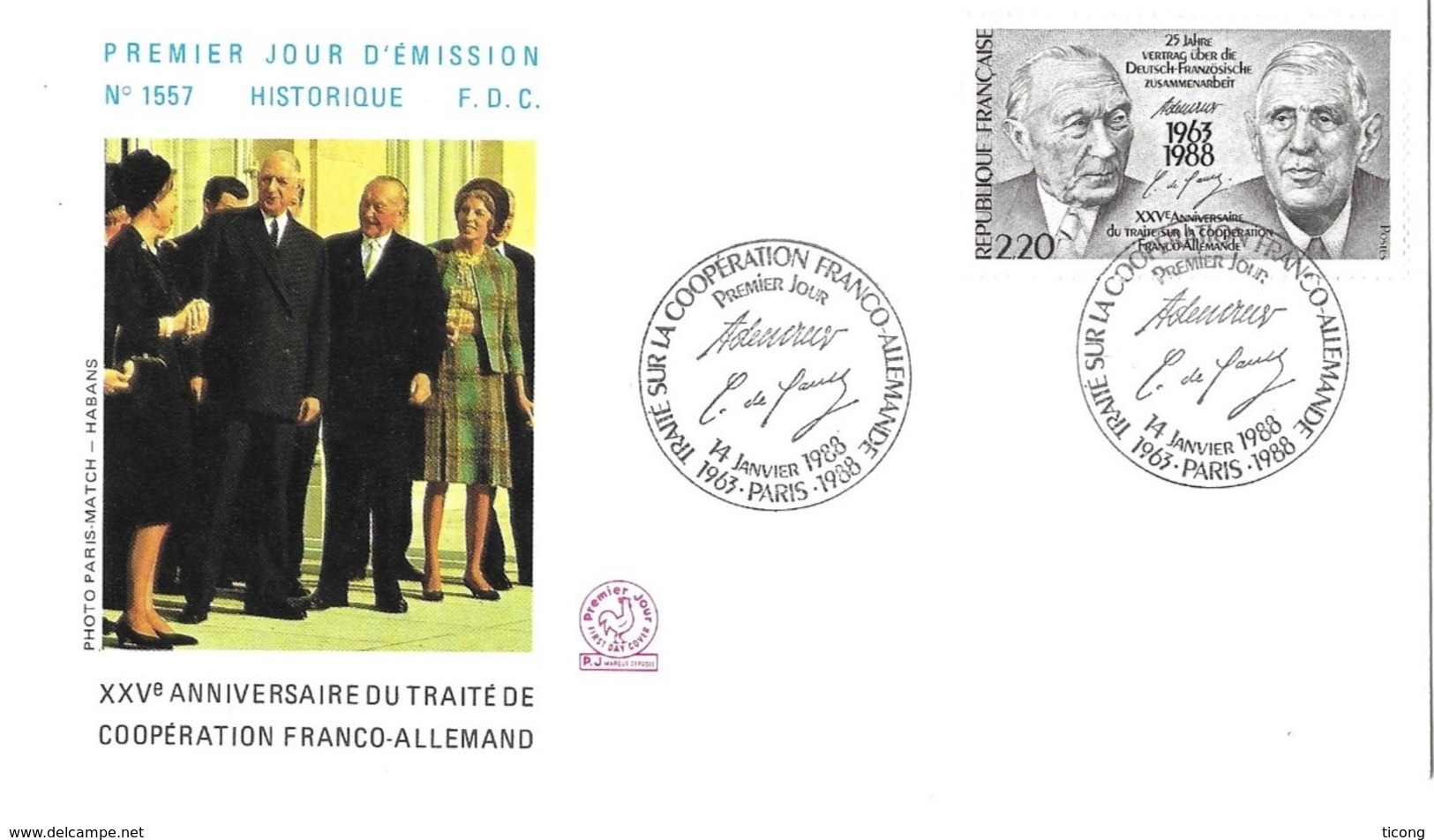 CHARLES DE GAULLE, ADENAUER - TRAITE FRANCO ALLEMAND, VOIR LES SCANNERS - 1ER JOUR PARIS 14 JANVIER 1988, VOIR LES SCANS - De Gaulle (General)