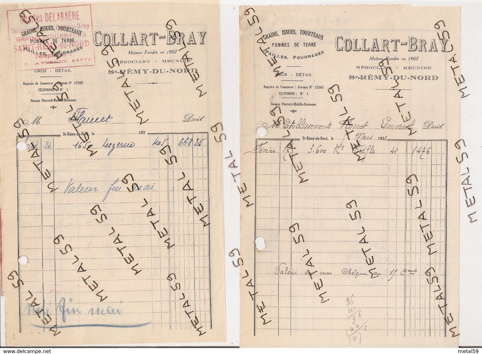 Collart Bray, Grains, Issues, Betteraves, Pommes De Terre, Meunier, Saint Rémy Du Nord,1933 (lot 11 Factures) - 1900 – 1949