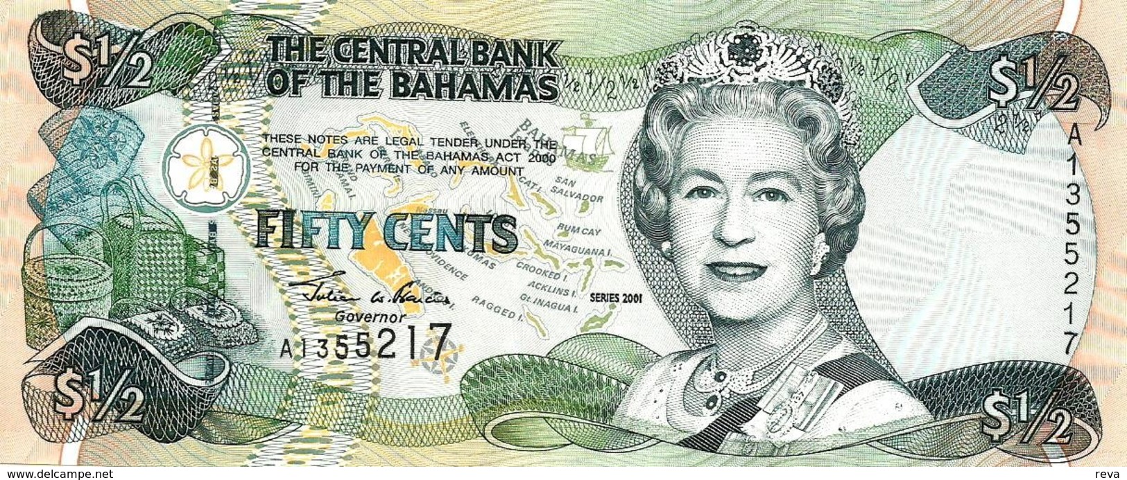 BAHAMAS $1/2 GREEN WOMAN QEII FRONT WOMAN FRUITS BACK DATED 2001 UNC P.68 READ DESCRIPTION !! - Bahamas
