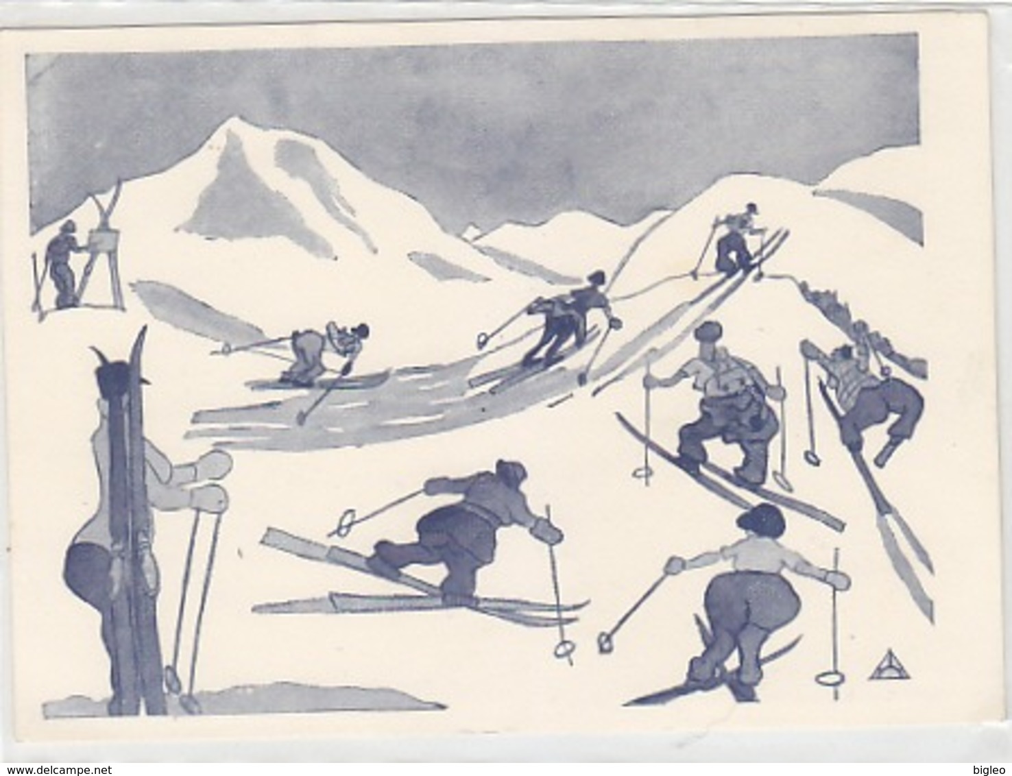 Die Skifahrer - Sign. Dr.F.Schuberth, Wiener Karikaturist      (A-125-160923) - Sonstige & Ohne Zuordnung