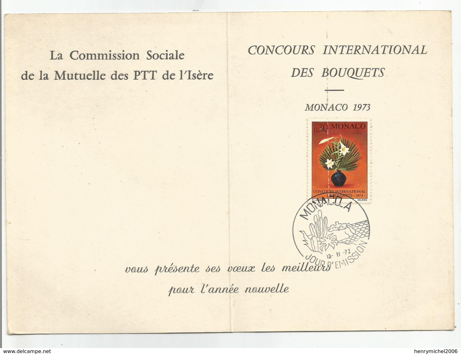 Monaco Coucours International Des Bouquets 1973 , Voeux De La Commission Des Ptt De L'isère Carte Double Maximum - Jardín Exótico