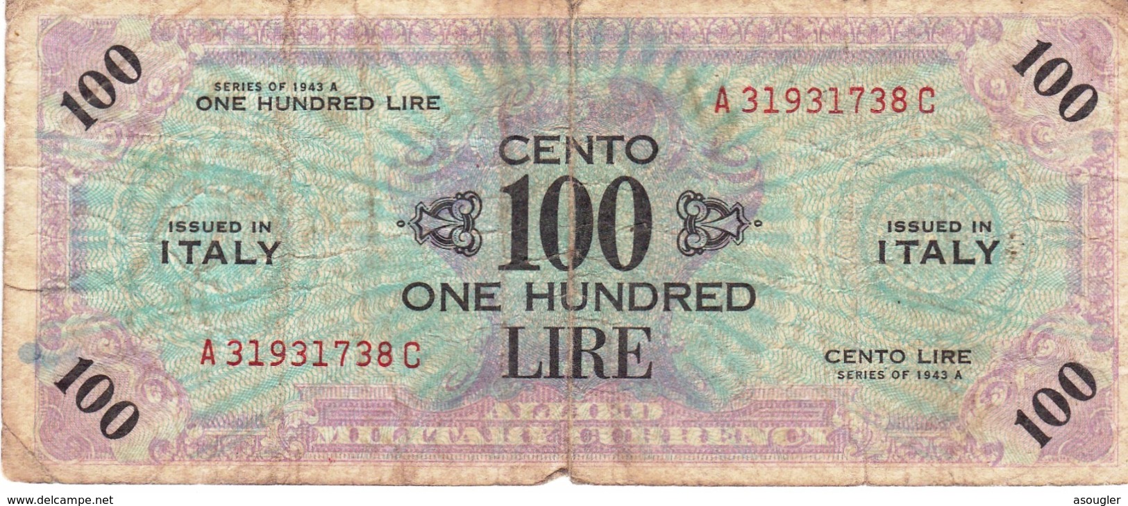 ITALY ALLIED MILITARY CURRENCY 100 LIRE 1943 A G-VG P-M21c "free Shipping Via Registered Air Mail" - Allied Occupation WWII