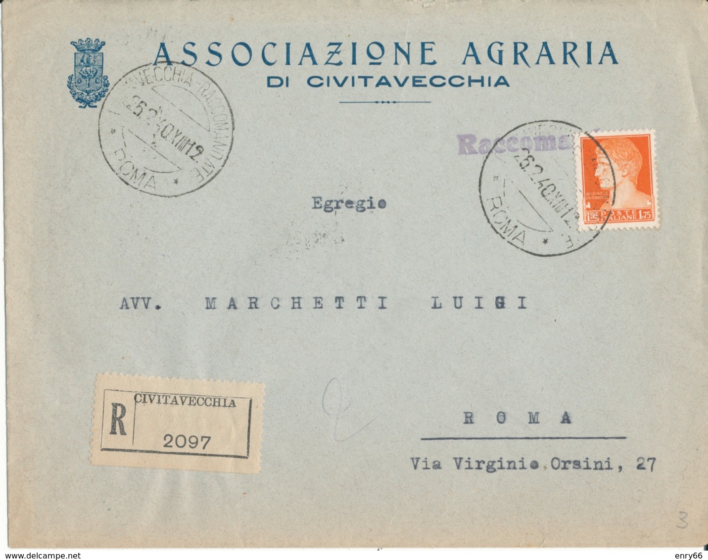 CIVITAVECCHIA / ROMA 26-2-1940 RACCOMANDATA IMPERIALE LIRE 1,75 - Storia Postale