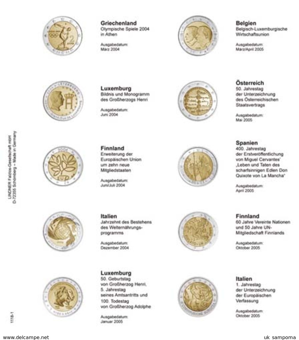 Lindner 1118-1 Illustrated Page For 2 EURO Commemorative Coins : Greece 2004 - Italy 2005 - Supplies And Equipment