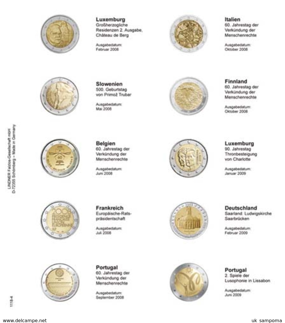 Lindner 1118-4 Illustrated Page For 2 EURO Commemorative Coins : Luxemburg 2008 - Portugal 2009 - Supplies And Equipment