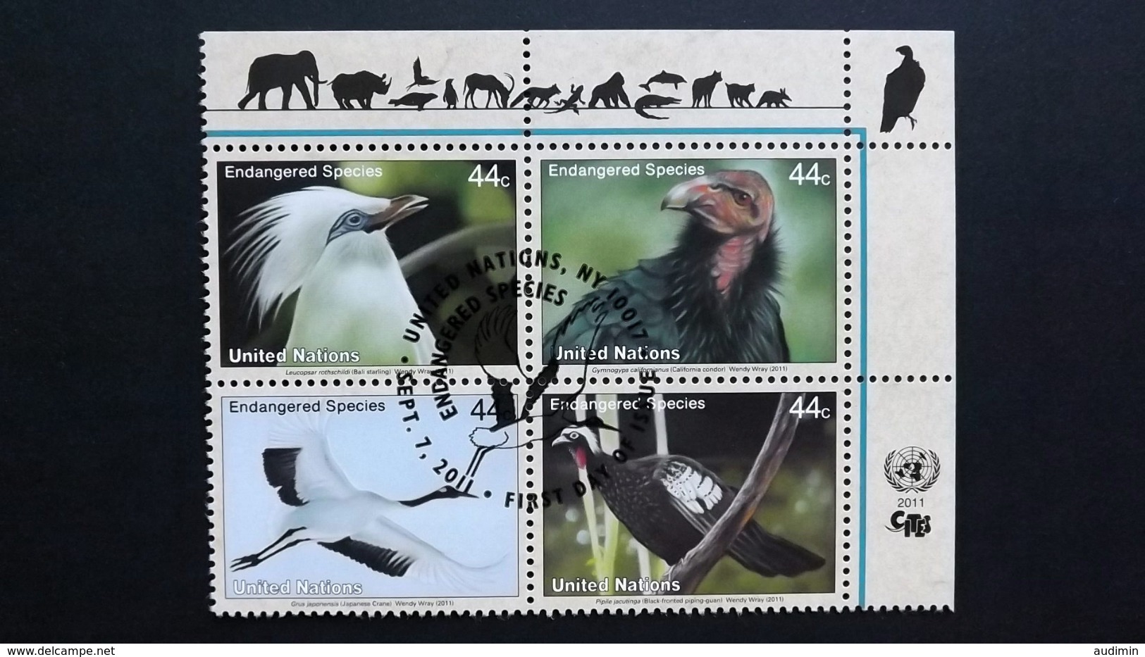 UNO-New York 1277/0 Oo/ESST, Gef. Arten 2011: Balistar, Kalifornischer Kondor, Mandschurenkranich, Schwarzmaskenguan - Used Stamps