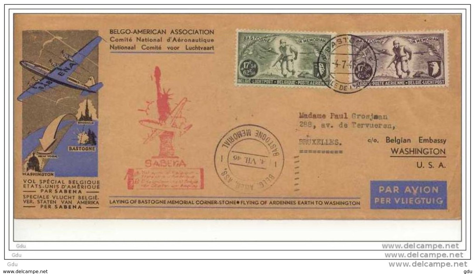 Special Envelope For The  Battle Of Bastogne  (Superbe Pli 1946 De Bruxelles - Washington    RARE - 1939-45