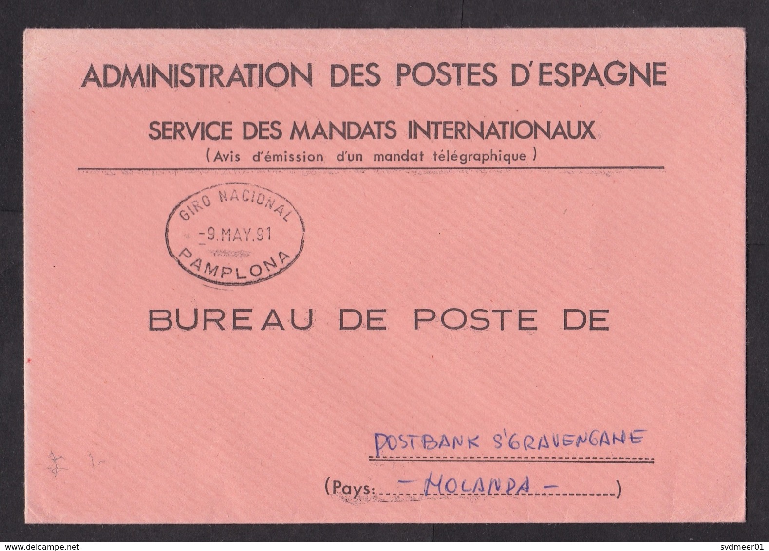 Spain: Official Cover To Netherlands, 1991, Cancel Giro Nacional Pamplona, Service Mandats, Postal Bank (traces Of Use) - Briefe U. Dokumente