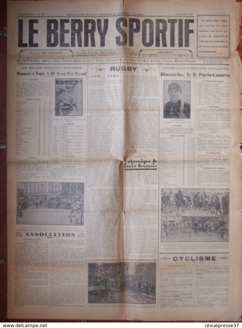 Journal Le Berry Sportif N°90 (18 Sept 1931) Tours Le 10e Grand Prix Sigrand - Paris-Contres Cycliste - Andere & Zonder Classificatie