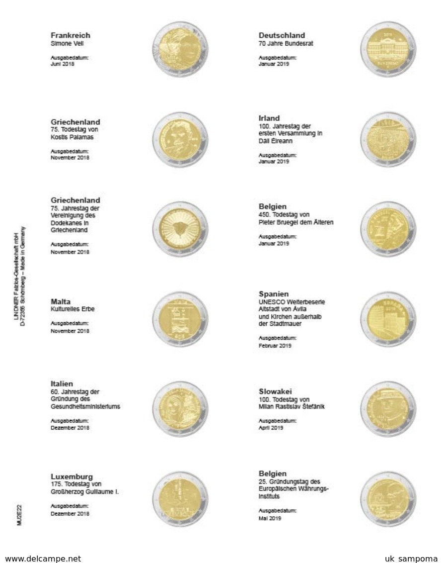 Lindner MU2E22 Multi Collect Vordruckblatt Für 2 Euro-Gedenkmünzen: Frankreich 2018 - Belgien 2019 - Supplies And Equipment