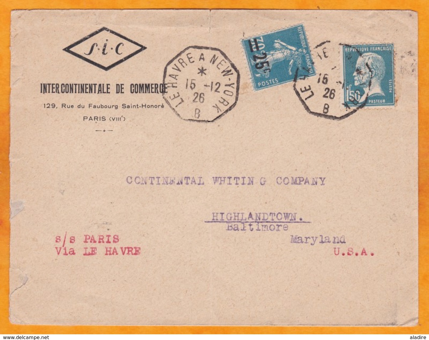 1926 - Enveloppe De Paris, France Vers Baltimore, USA Par Paquebot PARIS, Ligne Maritime Le Havre à New York B - Poste Maritime