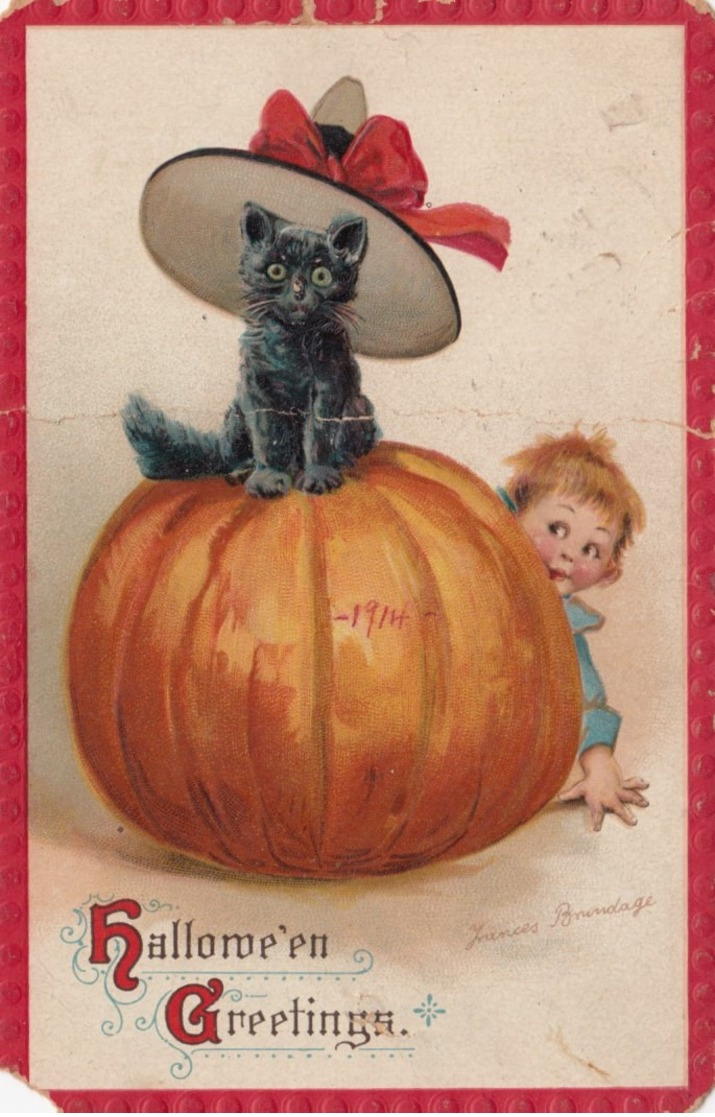 Hallowe'en Greetings, 1914; Boy, Large Pumpkin & Black Cat Wearing A Hat - Halloween