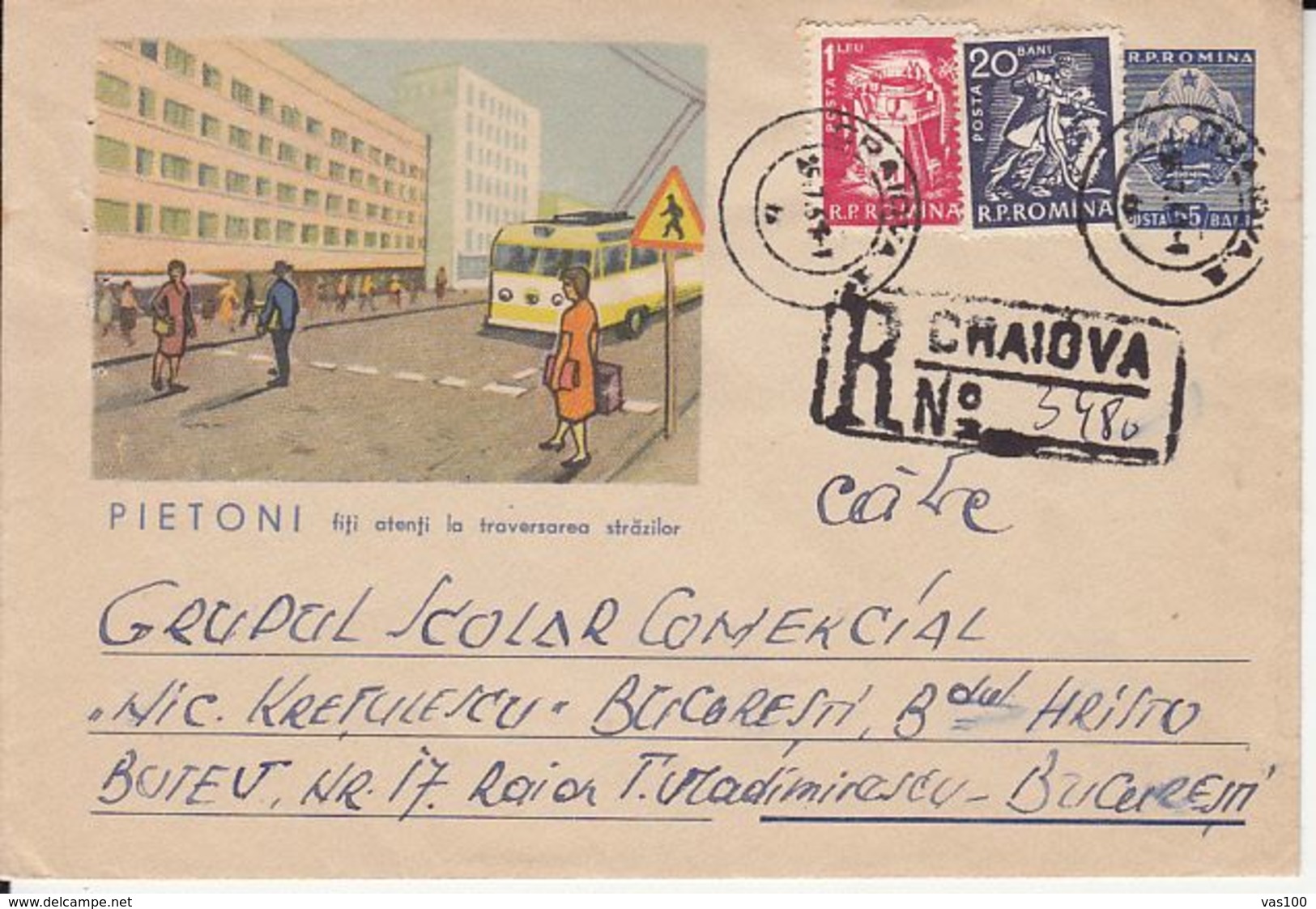 HEALTH, TRAFFIC SAFETY, PEDESTRIANS, BUSS, REGISTERED COVER STATIONERY, ENTIER POSTAL, 1961, ROMANIA - Unfälle Und Verkehrssicherheit