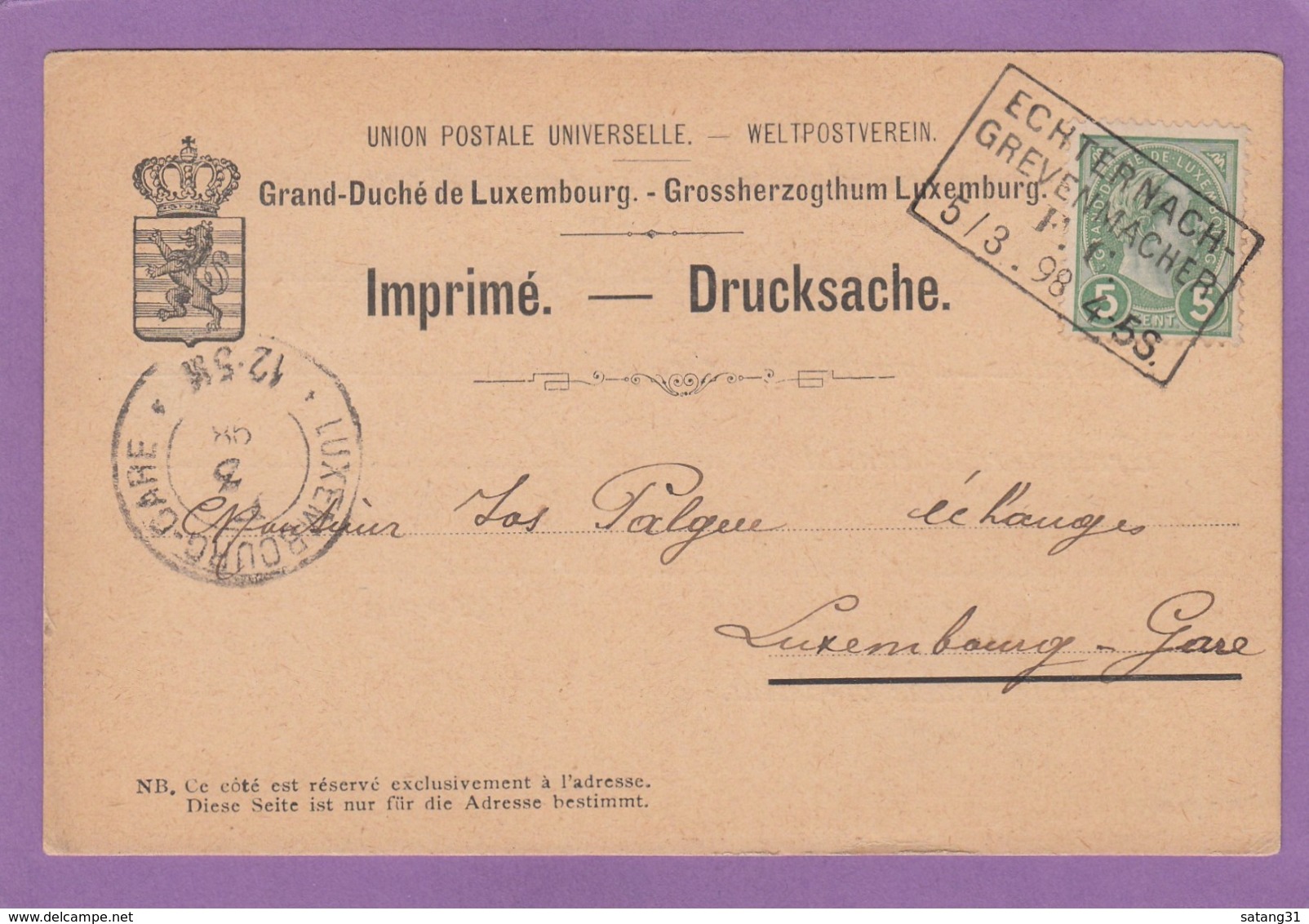 BAHNPOST/AMBULANT "ECHTERNACH-GREVENMACHER". - 1895 Adolphe De Profil