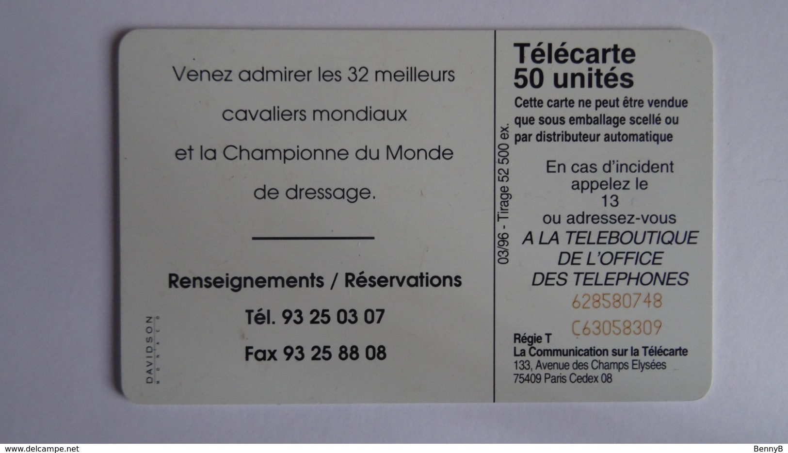 Monaco - Télécarte JUMPING INTERNATIONAL De  MONTE CARLO -  03/1996 - 50u Tirage 52 500 Ex - Monaco