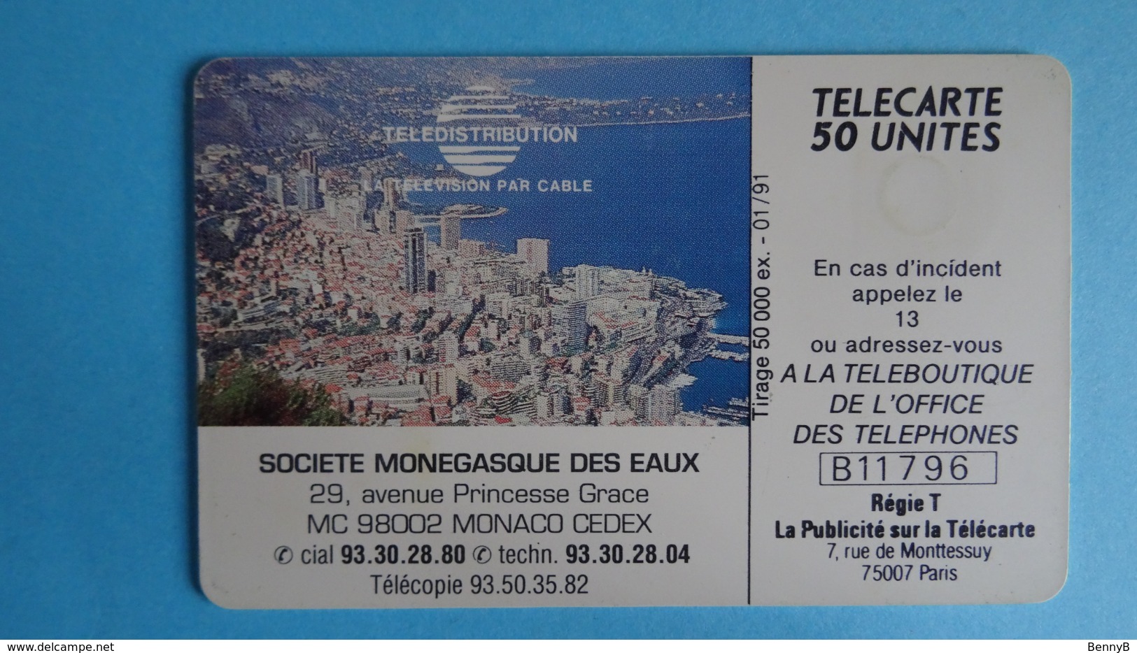 MONACO - TELECARTE "LA TELEVISION PAR CABLE 30 CHAINES.." 50u Tirage 50 000ex  - 01/1991 -  Sté Monég. Des Eaux - Monaco