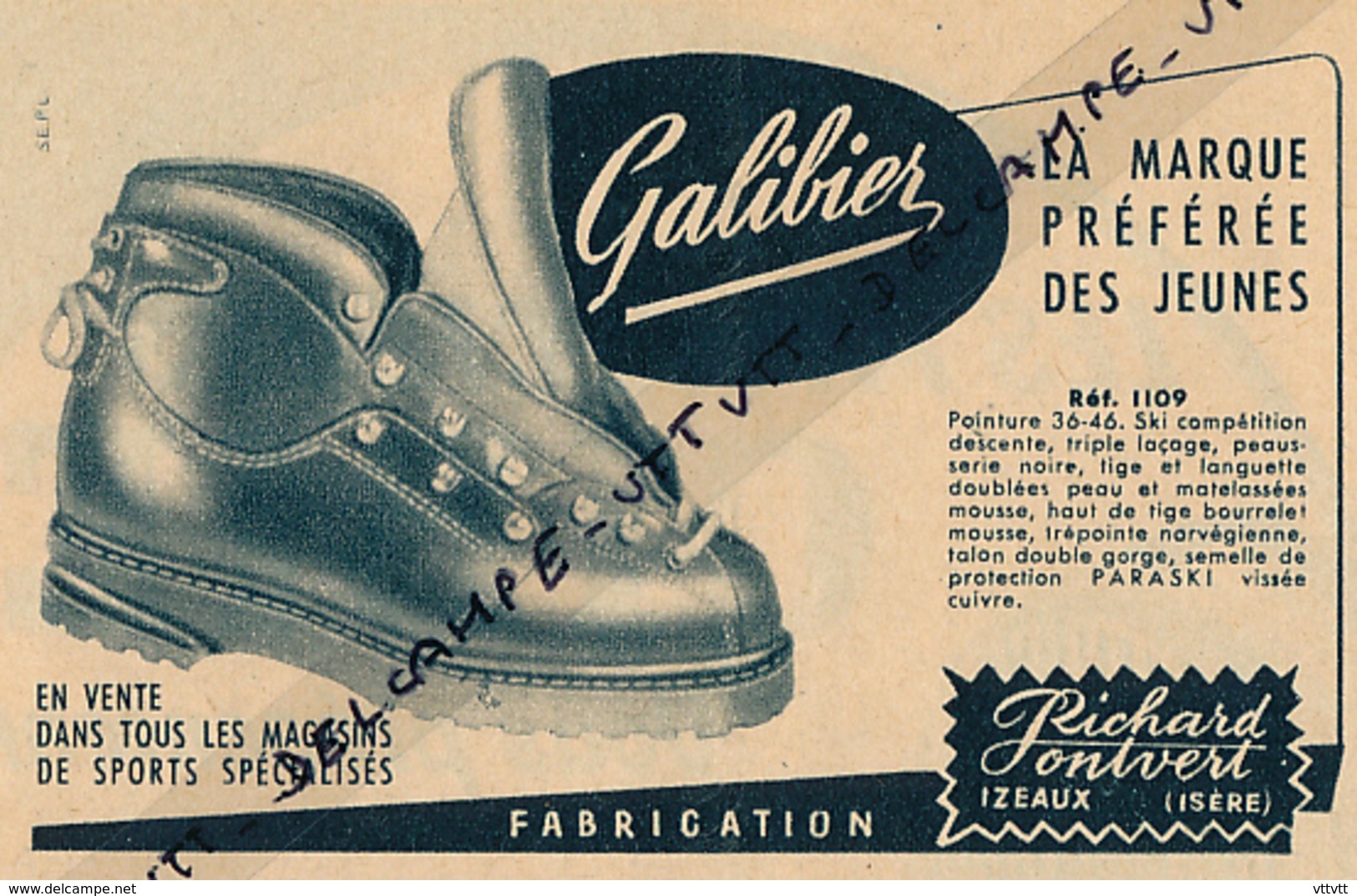 Ancienne Publicité (1953, Noire) : Chaussures RICHARD-PONTVERT (Izeaux, Isère), Modèle Galibier Pour Le Ski... - Pubblicitari