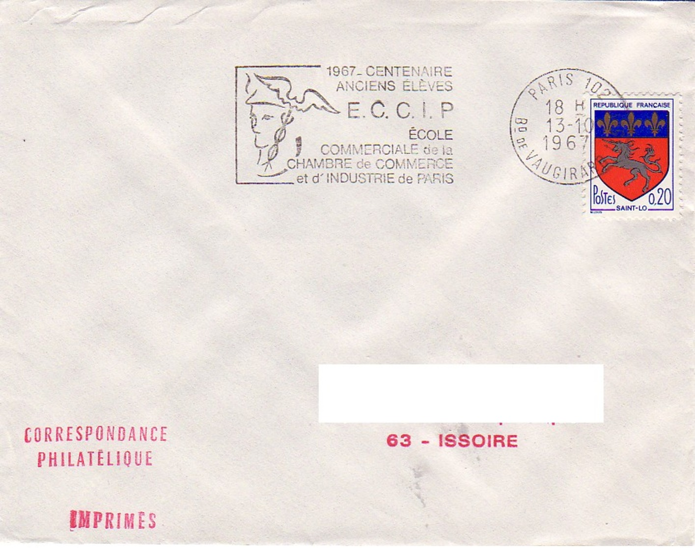 FRANCE : 1967 - Paris 102 - E.C.C.I.P. - Centenaire Anciens élèves -  Commerce Et Industrie - Caducée D'Hermès - Covers & Documents
