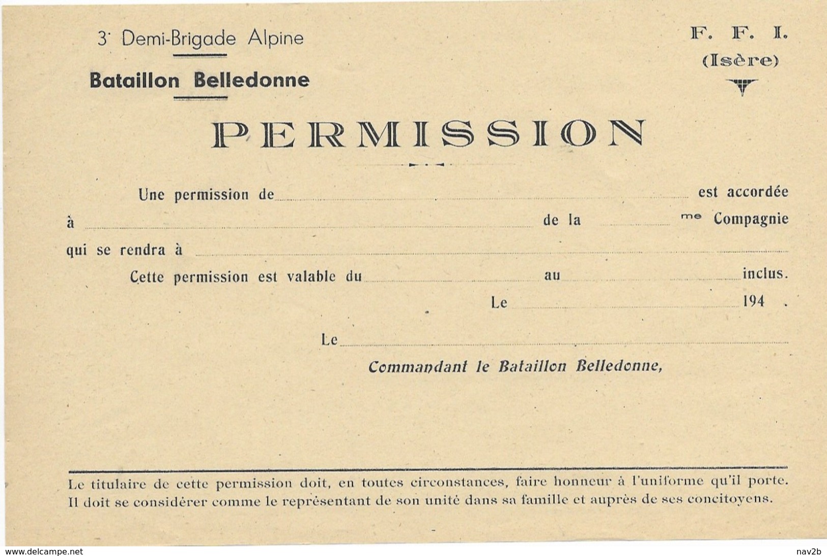 Le 15° Régiment Chasseurs Alpins Est Reconstitué Par Les FFI D'Isère Sous L'appelation Bataillon Belledonne.Permission - 1939-45