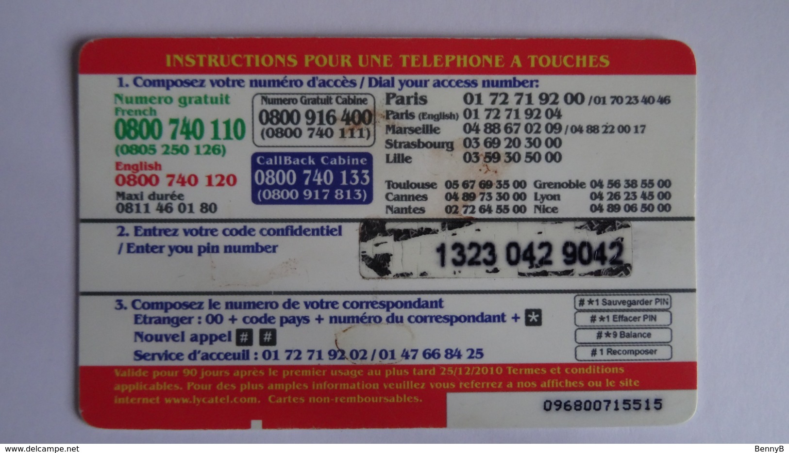 FRANCE CARTE PREPAYEE LYCATEL/ AFRICA TEL 7,5 € VALIDITE 25/12/2010 -  Bon état Voir Scan - Andere & Zonder Classificatie