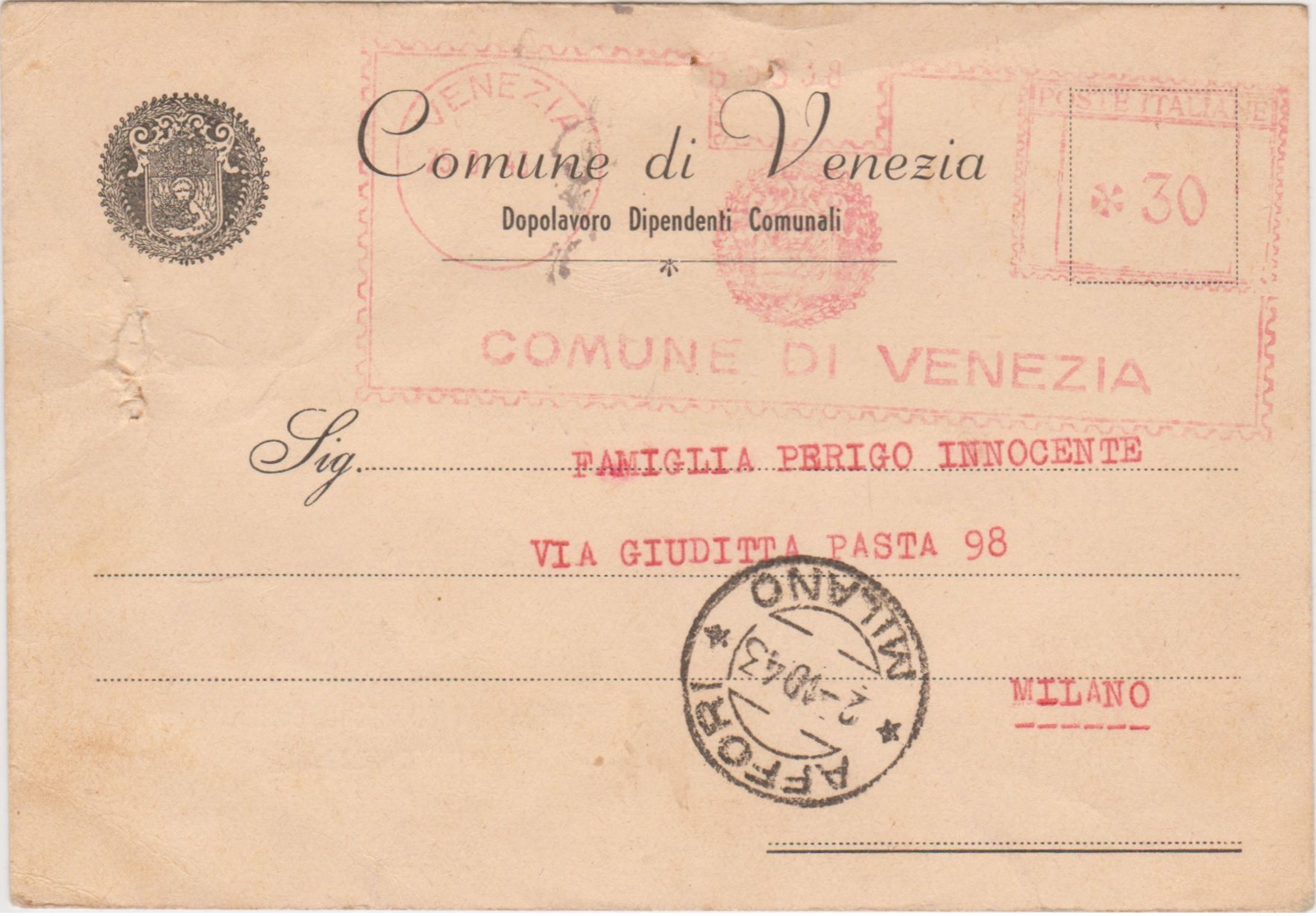 1943 COMUNE Di VENEZIA Annullo Meccanico C.30 Su Cartolina  Con Segnalazione Di Passaggio Prigioniero Di Guerra Per La G - Storia Postale