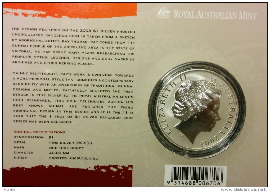 Australia - 2003 - Silver Kangaroo - Aboriginal Artist Ray Tomas - 1$ Fine Silver Frosted Uncirculated Coin - Ongebruikte Sets & Proefsets