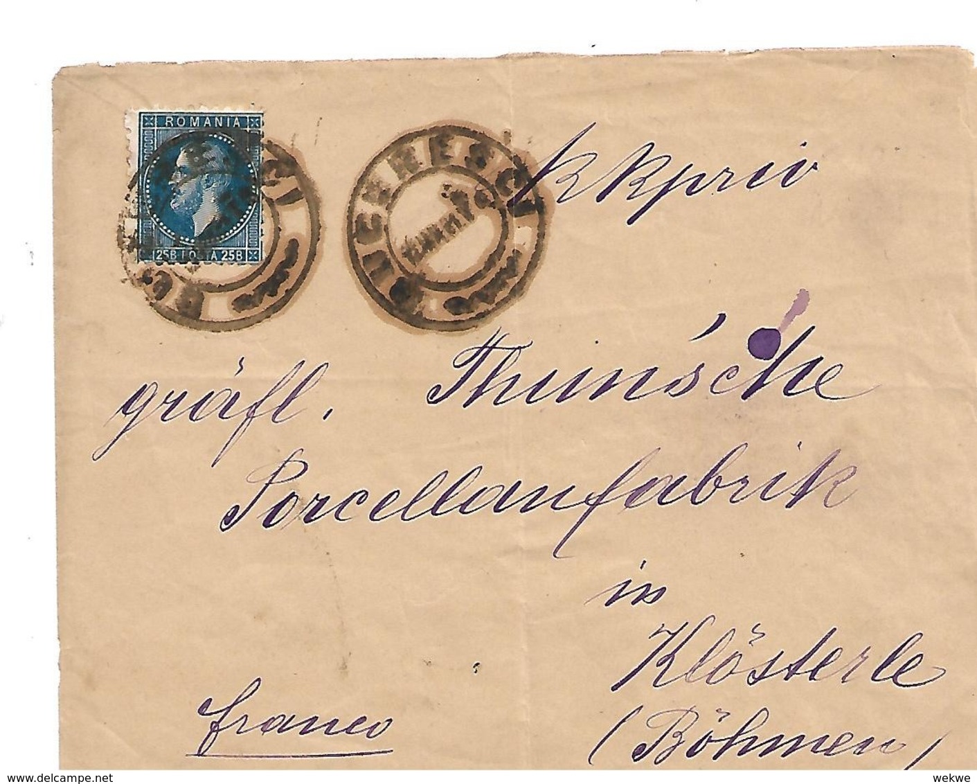 Rum007 / RUMÄNIEN - Fürst Karl I (25 B) 1879 Auf Brief Nach Böhmen. - 1858-1880 Moldavia & Principality