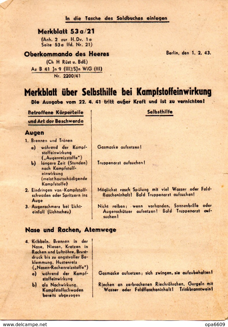 (Kart-ZD) 2.WK Merkblatt 53a/21 über Selbsthilfe Bei Kampfstoffeinwirkung Herausg. Vom Oberkommando Der Wehrmacht 1.2.43 - Documenti Storici