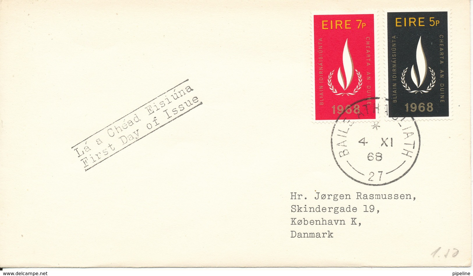 Ireland FDC 4-11-1968 International Year Of Human Rights Complete Set Of 2 Sent To Denmark - FDC