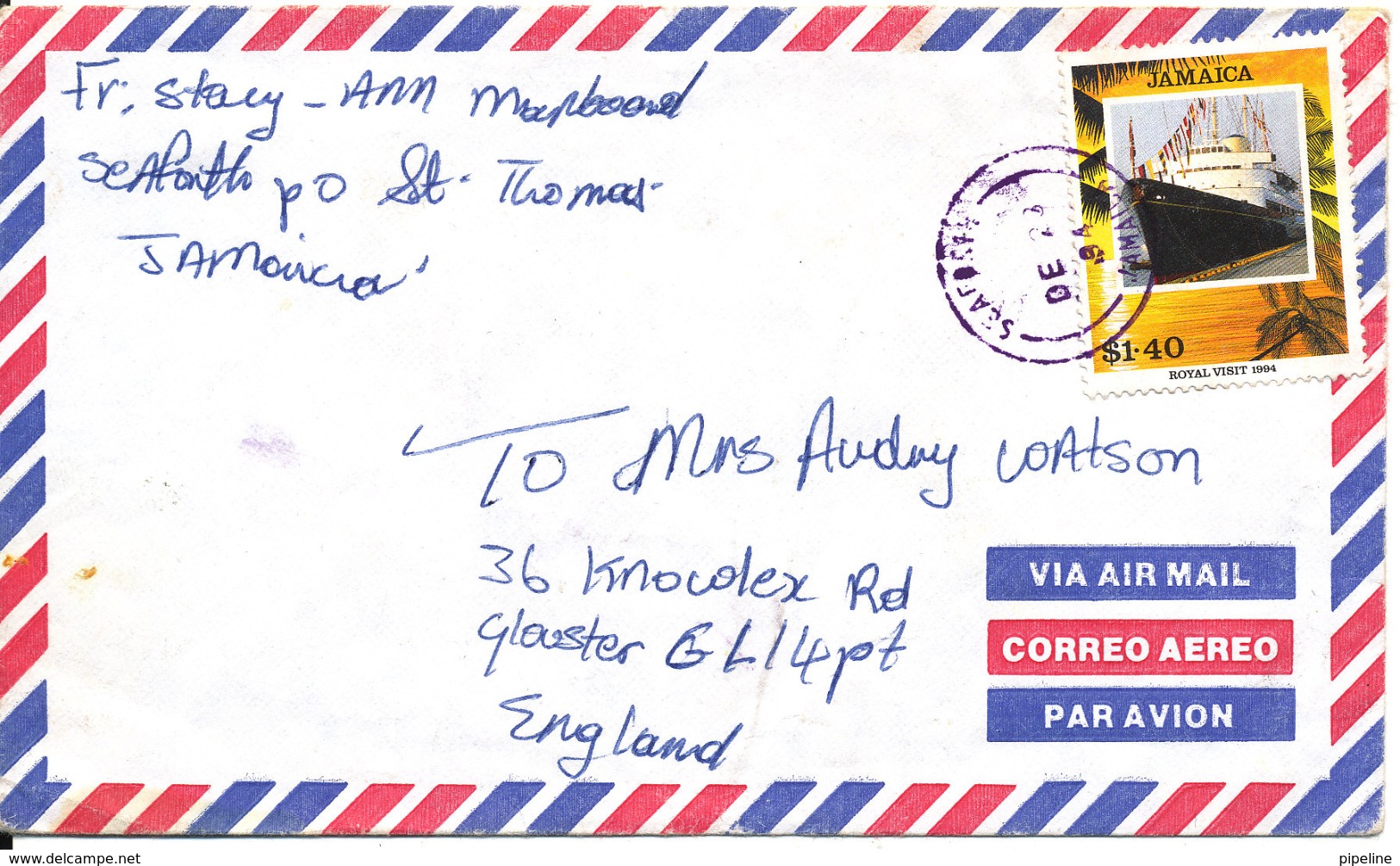 Jamaica Air Mail Cover Sent To England 23-12-1994 Single Stamp - Jamaica (1962-...)