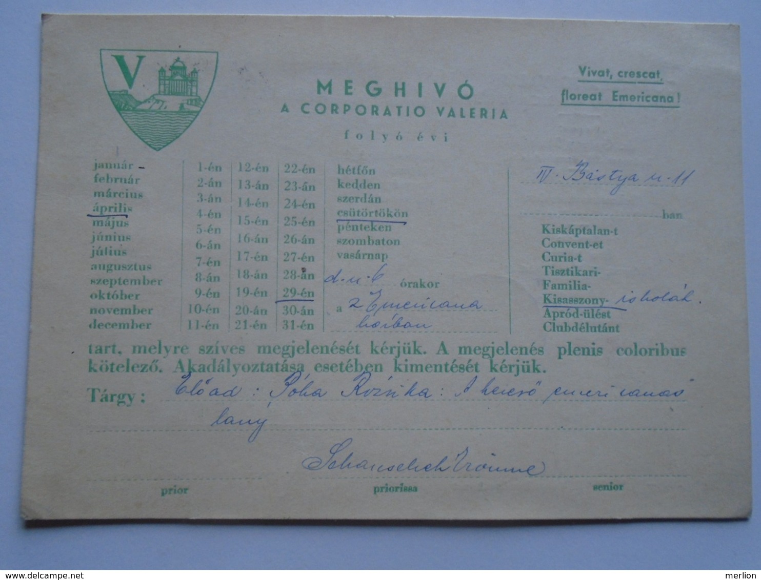 D168924 Hungary  Invitation -Corporatio Valeria - 1930's  Budapest - Otros & Sin Clasificación