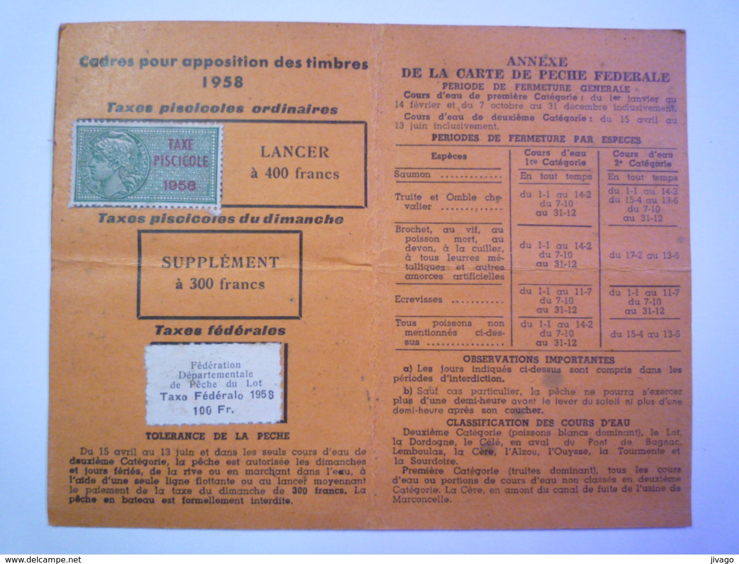 2019 - 2966  CARTE De PÊCHE Avec Timbre Fiscal "TAXE PISCICOLE 1958" Et "TAXE Fédérale De 100F 1958"    XXX - Non Classés