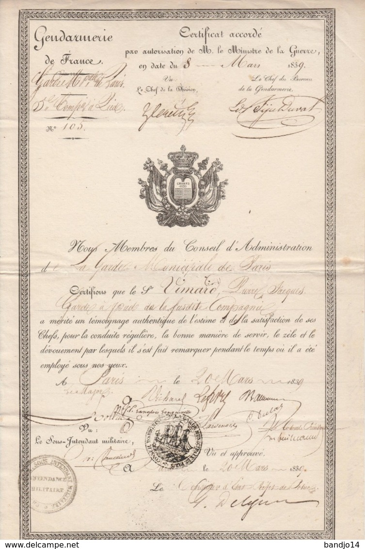 1839- Gendarmerie Nationale - Garde Municipale  De Paris - Certificat De Bonne Conduite  De Pierre Jacques VIMARD - Diploma's En Schoolrapporten