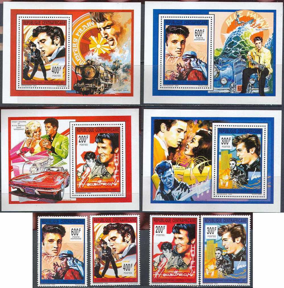 1940 ✅ Elvis Presley Music Cinema Trains Cars Movie 1993 Central Africa 4v+4S/s Deluxe Set MNH ** 42ME - Elvis Presley