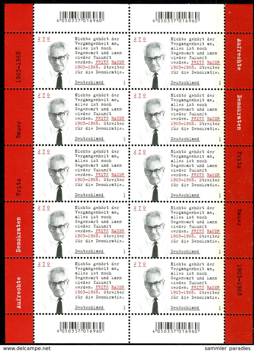 BRD - Mi 3502 - ** Postfrisch - 270C     Fritz Bauer - Ausgabe 02.11.2019 - Unused Stamps