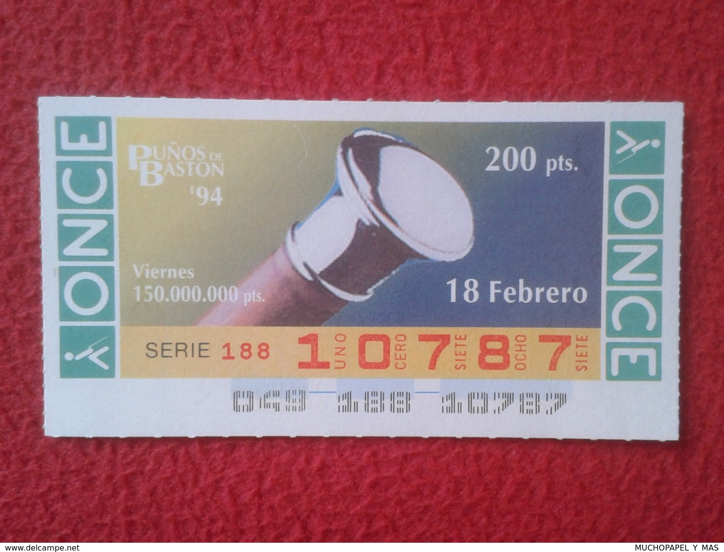 CUPÓN DE ONCE 1994 LOTTERY LOTERIE SPAIN BLIND LOTERÍA PUÑOS DE BASTÓN CANE CUFFS CUFF Poignets De Canne VER FOTOS Y DES - Billetes De Lotería
