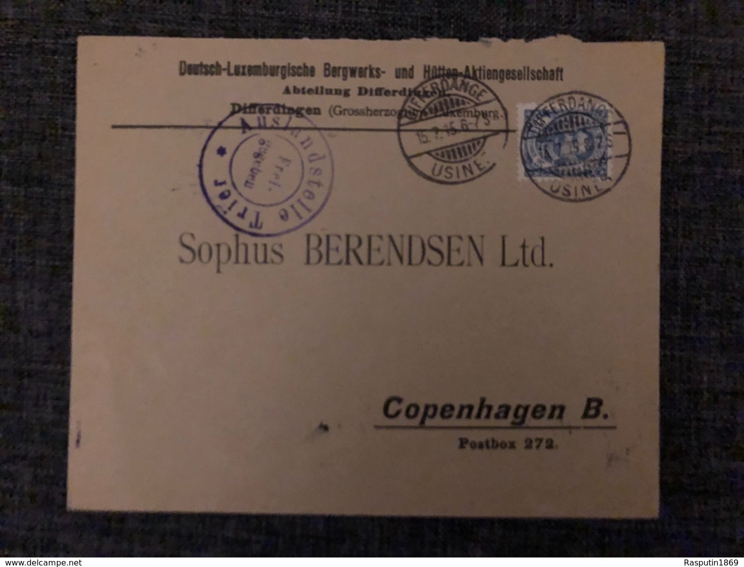 Luxemburg * 1915 Differdange-Usines Dienstbrief Lochung Mit Zensurstempel Via Kopenhagen ! Selten ! - Service