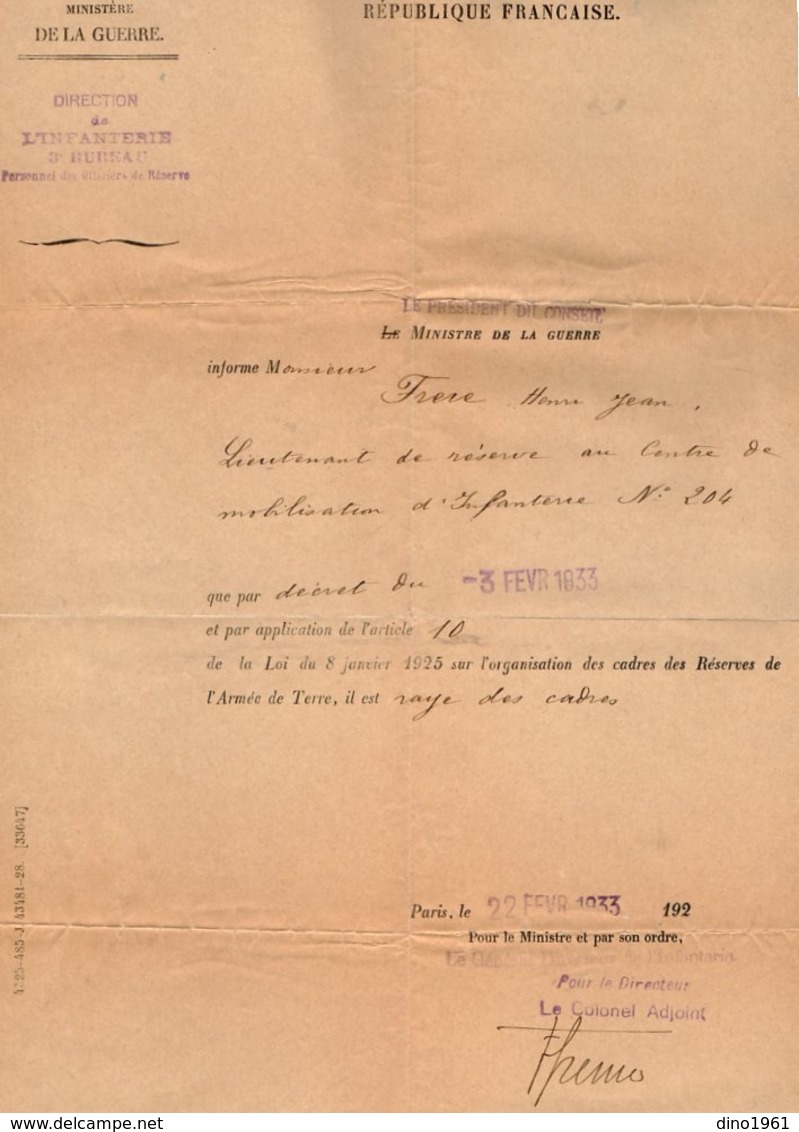 VP16.024 - MILITARIA - PARIS 1933 - Lette Du Ministère De La Guerre à Mr Henri Jean FRERE Lieutenant De Réserve.... - Documentos