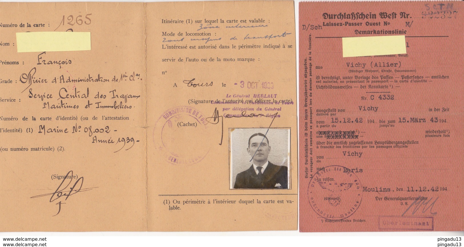 Archive Officier Administration Marine Régime Vichy Pétain Ministère Marine Déc 1944 Carte D'identité Laissez Passer ... - 1939-45