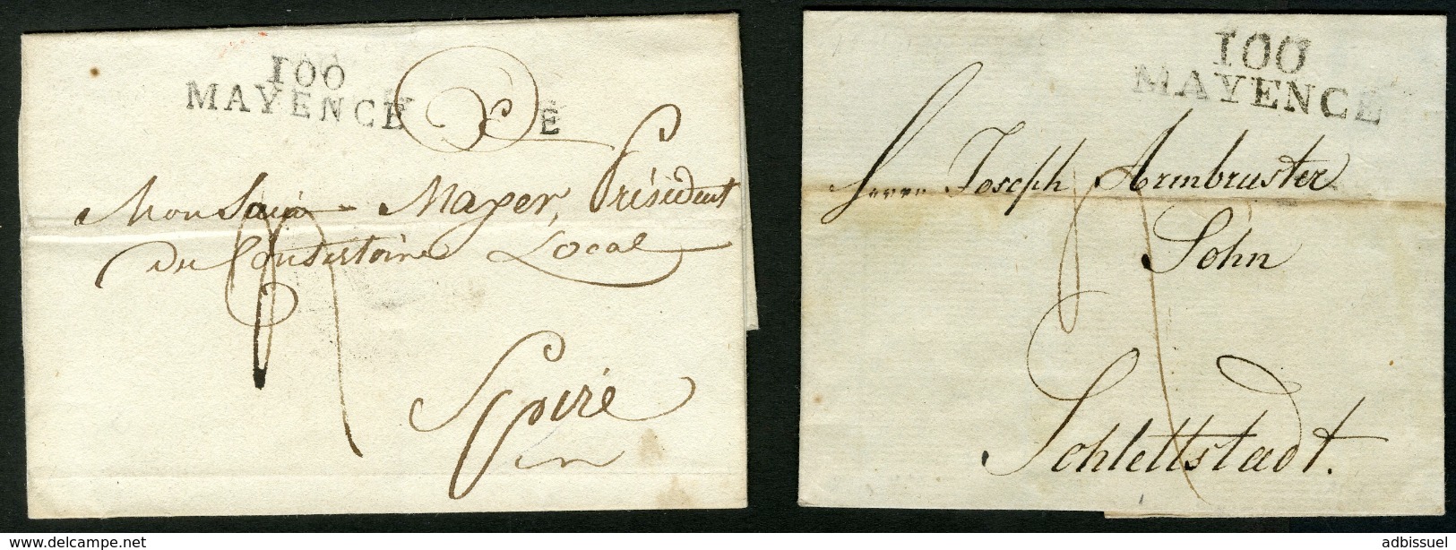 Vers 1800 "100 / MAYENCE" En Noir. 2 Marques Différentes (34x9) Et (39x11) Sur Deux Lettres Pour Spire Et Schlettstadt - 1792-1815: Conquered Departments