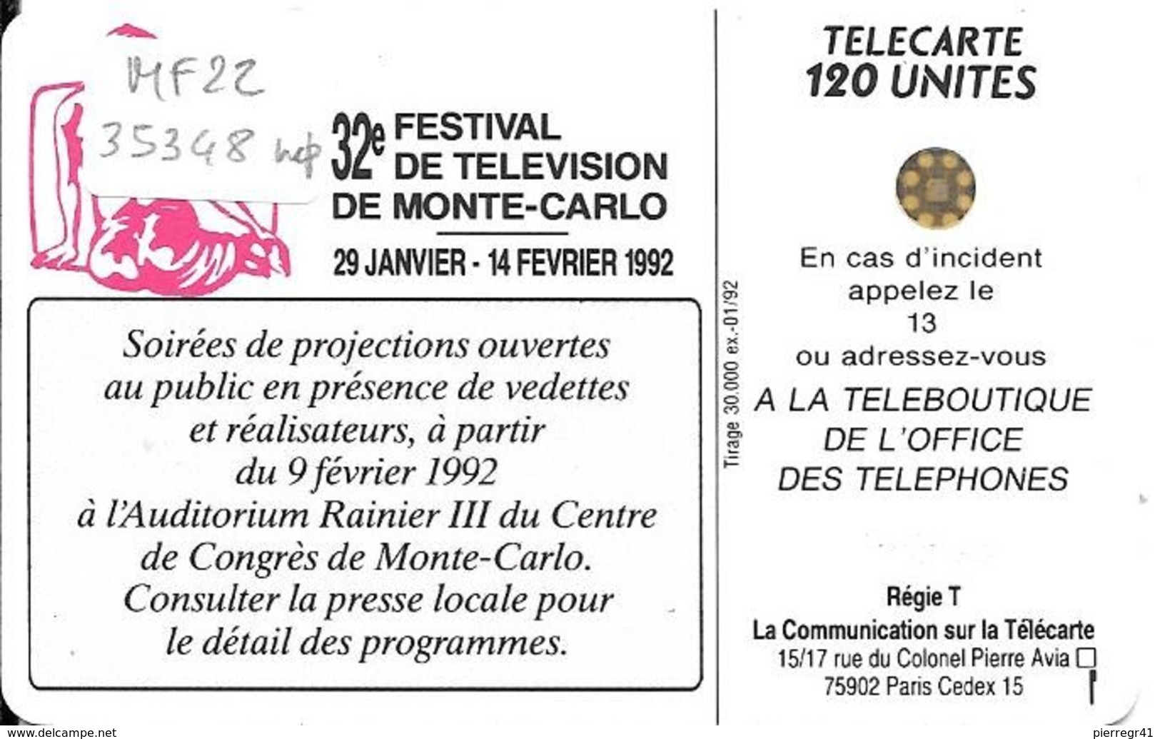 CARTE-PUBLIC-MONACO-120U-MF22-SC4-01/92-FESTIVAL TV-V° 5 IMPACTS-35348-TBE- - Monace