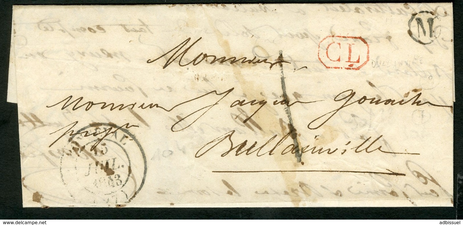 1843 EURE ET LOIR Boîte Rurale "M : Bullainville" + C-à-d (T14) "BONNEVAL (27) 15/7/43 + "CL" Rouge + Taxe Tampon "1" - 1801-1848: Précurseurs XIX