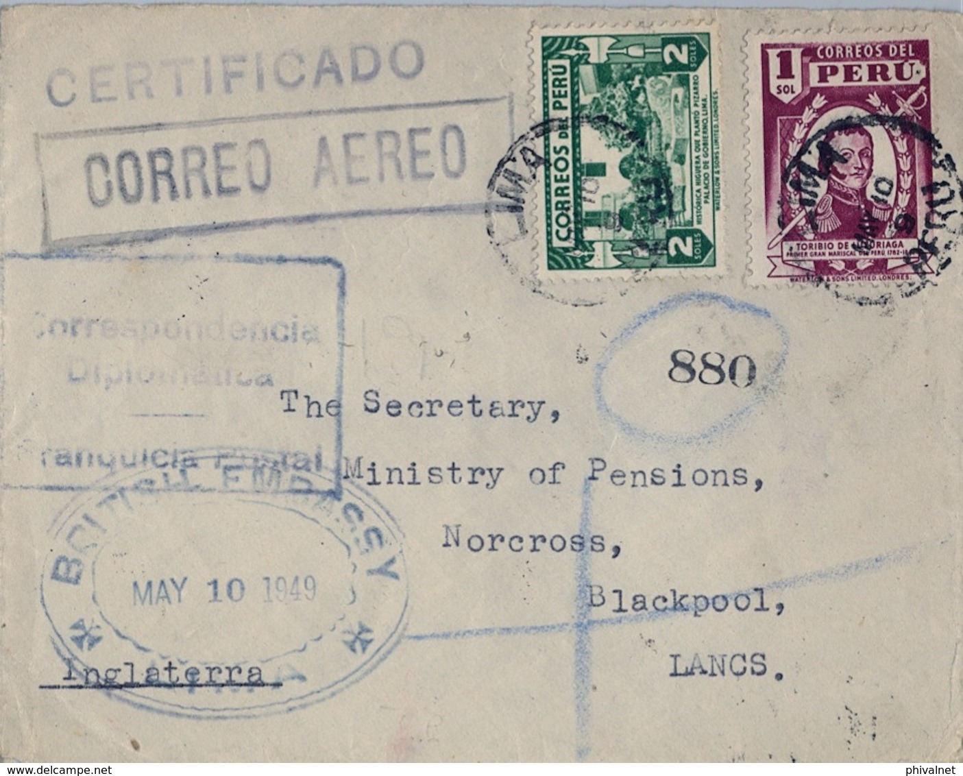 1949 , PERÚ , LIMA - CORRESPONDENCIA DIPLOMÁTICA , BRITISH EMBASSY , CERTIFICADO - CORREO AÉREO , FRONTAL - Pérou