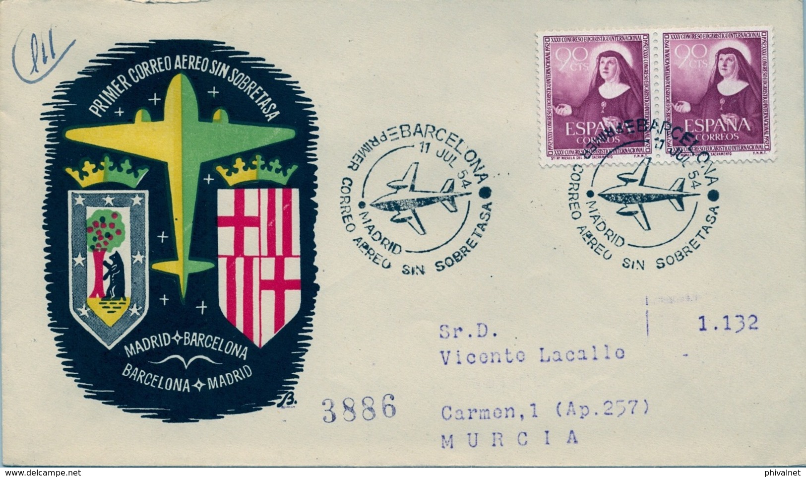 1954 , BARCELONA , PRIMER CORREO AÉREO SIN SOBRETASA , TRÁNSITO MADRID , LLEGADA APARTADOS MURCIA - Cartas & Documentos