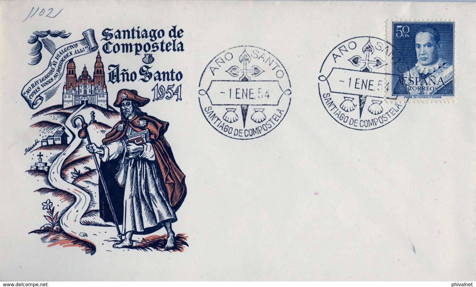 1954 , CORUÑA , AÑO SANTO - SANTIAGO DE COMPOSTELA , FRANQUEO ED. 1102 , SAN ANTONIO MARIA CLARET - Cartas & Documentos