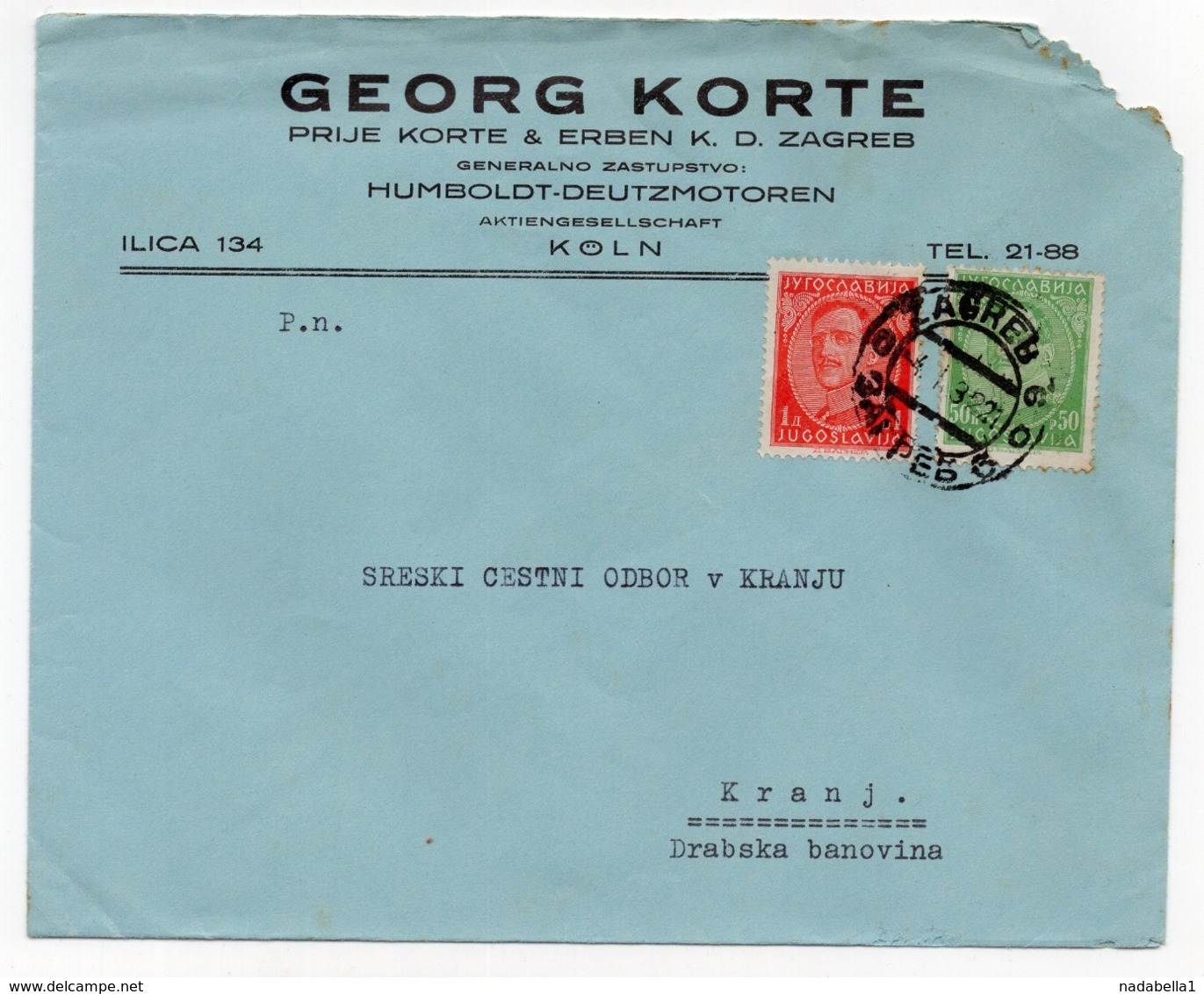 1932 YUGOSLAVIA, CROATIA, ZAGREB TO KRANJ, COMPANY HEADCOVER, GEORG CORTE, ZAGREB - Lettres & Documents