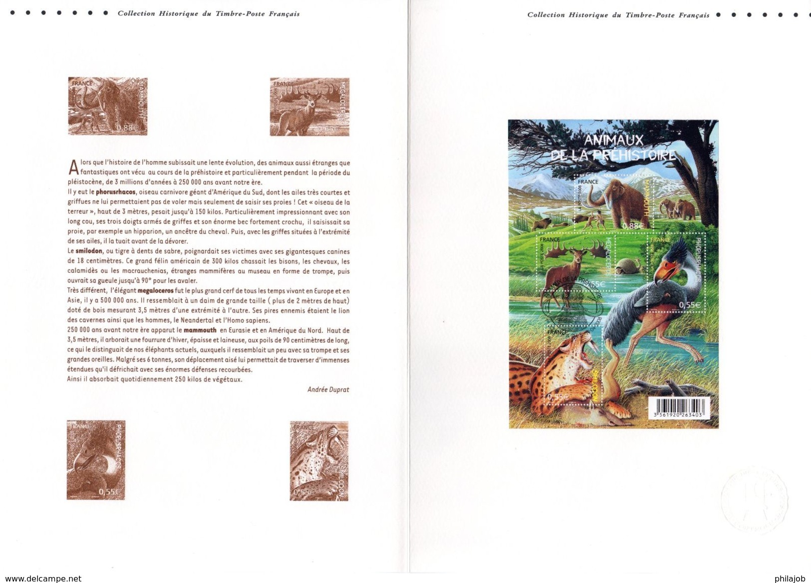 " ANIMAUX DE LA PREHISTOIRE "  Sur Document Officiel De 4 Pages De 2008. N° YT BF 119. Parfait état. DPO - Prehistorie