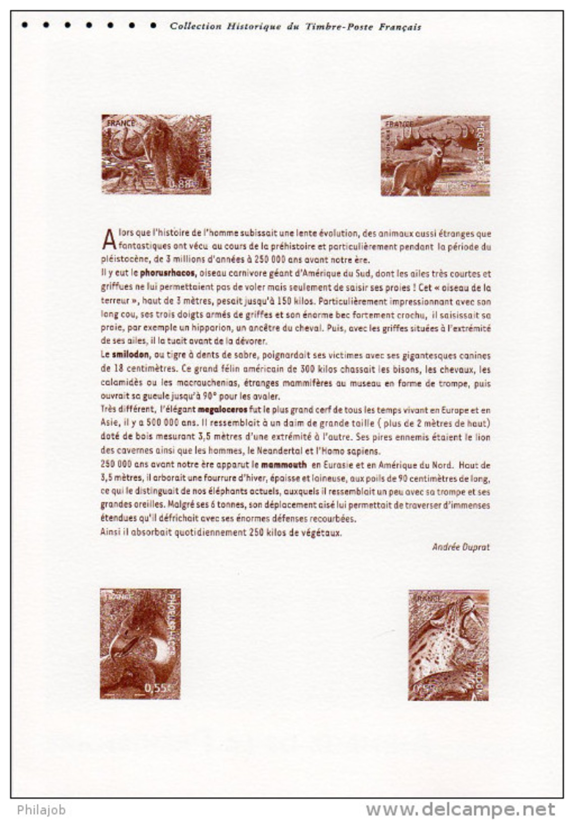 " ANIMAUX DE LA PREHISTOIRE "  Sur Document Officiel De 4 Pages De 2008. N° YT BF 119. Parfait état. DPO - Préhistoire